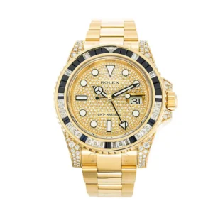 Home rolex gmt master ii 116758sa 78208 18k yellow gold diamond & blue sapphire